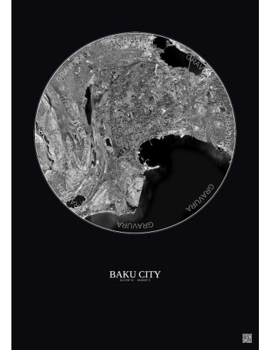 Affiche Baku City – Poster vue satellite 10km N&B | Gravura – Fond foncé