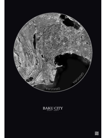 Affiche Baku City – Poster vue satellite 10km N&B | Gravura – Fond foncé