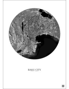 Affiche Baku City – Poster vue satellite 10km N&B | Gravura – Fond clair