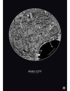 Affiche Baku City – Poster vue satellite 2.5km N&B | Gravura – Fond foncé