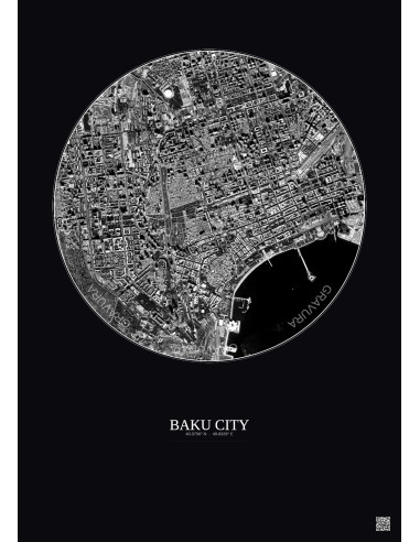 Affiche Baku City – Poster vue satellite 2.5km N&B | Gravura – Fond foncé