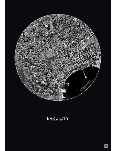 Affiche Baku City – Poster vue satellite 2.5km N&B | Gravura – Fond foncé