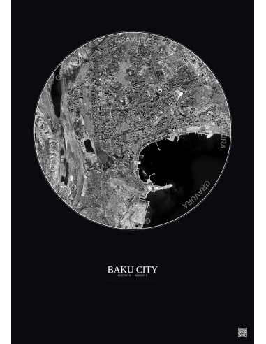 Affiche Baku City – Poster vue satellite 6km N&B | Gravura – Fond foncé