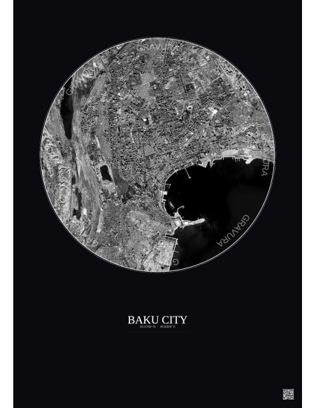Affiche Baku City – Poster vue satellite 6km N&B | Gravura – Fond foncé