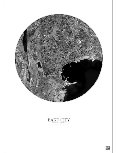 Affiche Baku City – Poster vue satellite 6km N&B | Gravura – Fond clair
