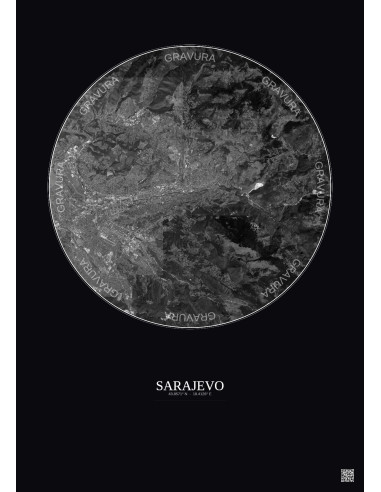 Affiche Sarajevo – Poster vue satellite 10km N&B | Gravura – Fond foncé