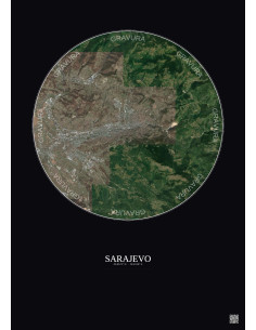 Affiche Sarajevo – Poster vue satellite 10km Couleur | Gravura – Fond foncé