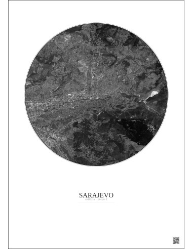 Affiche Sarajevo – Poster vue satellite 6km N&B | Gravura – Fond clair