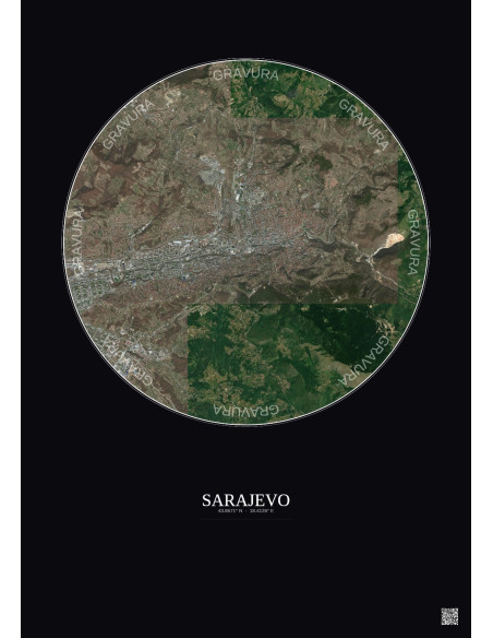 Affiche Sarajevo – Poster vue satellite 6km Couleur | Gravura – Fond foncé