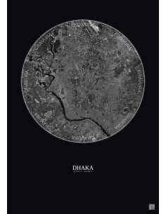 Affiche Dhaka – Poster vue satellite 10km N&B | Gravura – Fond foncé