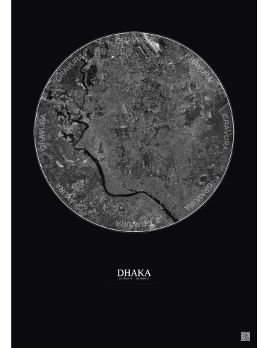 Affiche Dhaka – Poster vue satellite 10km N&B | Gravura – Fond foncé