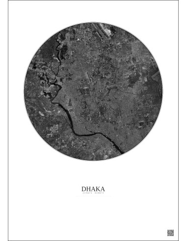 Affiche Dhaka – Poster vue satellite 10km N&B | Gravura – Fond clair