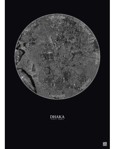Affiche Dhaka – Poster vue satellite 6km N&B | Gravura – Fond foncé