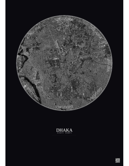 Affiche Dhaka – Poster vue satellite 6km N&B | Gravura – Fond foncé