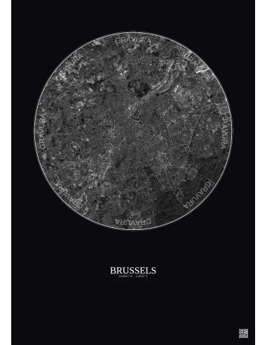 Brussels Satellite View Poster 10km B&W | Gravura – Dark background
