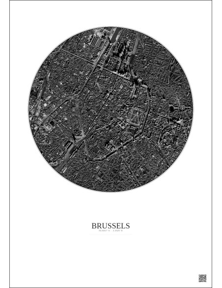 Affiche Brussels – Poster vue satellite 2.5km N&B | Gravura – Fond clair