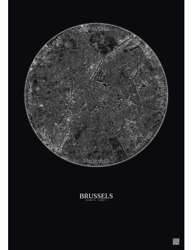Affiche Brussels – Poster vue satellite 6km N&B | Gravura – Fond foncé