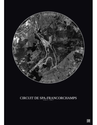 Affiche Circuit De Spa Francorchamps – Poster vue satellite 2.5km N&B | Gravura – Fond foncé