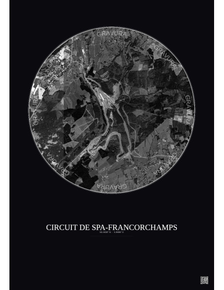 Affiche Circuit De Spa Francorchamps – Poster vue satellite 2.5km N&B | Gravura – Fond foncé