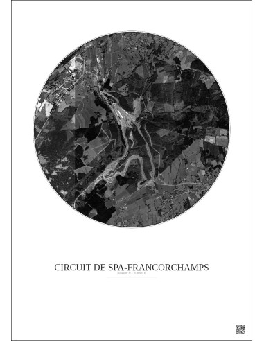 Affiche Circuit De Spa Francorchamps – Poster vue satellite 2.5km N&B | Gravura – Fond clair