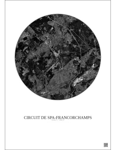 Affiche Circuit De Spa Francorchamps – Poster vue satellite 5km N&B | Gravura – Fond clair