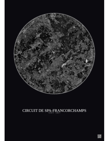 Affiche Circuit De Spa Francorchamps – Poster vue satellite 10km N&B | Gravura – Fond foncé