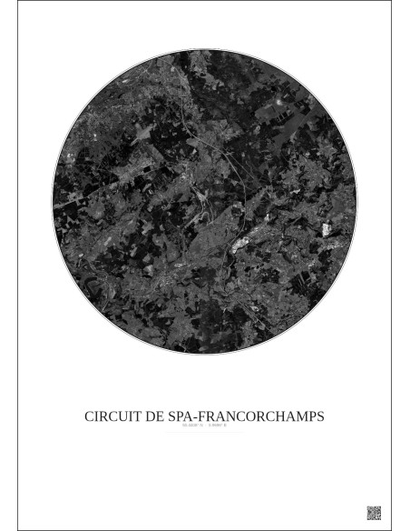 Affiche Circuit De Spa Francorchamps – Poster vue satellite 10km N&B | Gravura – Fond clair