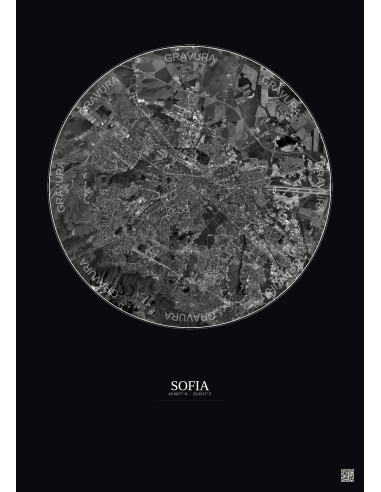 Affiche Sofia – Poster vue satellite 10km N&B | Gravura – Fond foncé