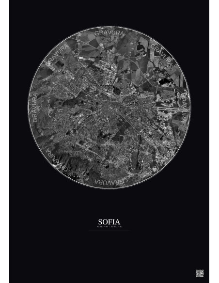 Affiche Sofia – Poster vue satellite 10km N&B | Gravura – Fond foncé