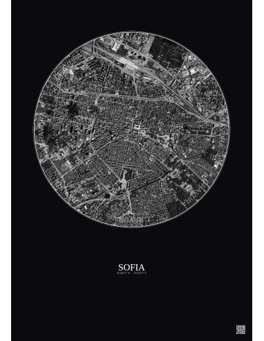 Affiche Sofia – Poster vue satellite 2.5km N&B | Gravura – Fond foncé