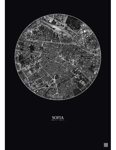 Affiche Sofia – Poster vue satellite 2.5km N&B | Gravura – Fond foncé