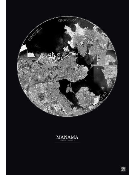 Manama Satellite View Poster 10km B&W | Gravura – Dark background