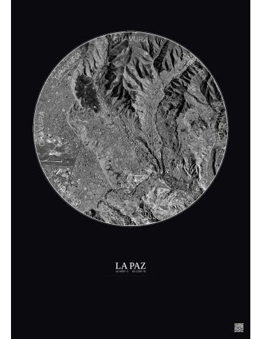 Affiche La Paz – Poster vue satellite 6km N&B | Gravura – Fond foncé