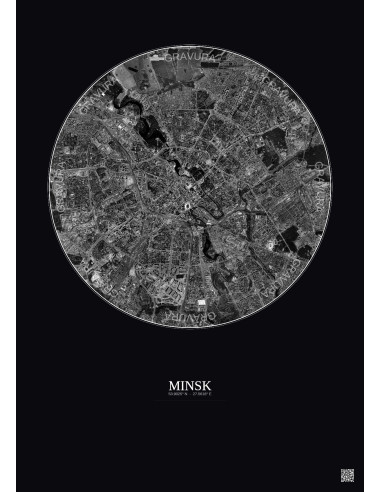 Affiche Minsk – Poster vue satellite 6km N&B | Gravura – Fond foncé