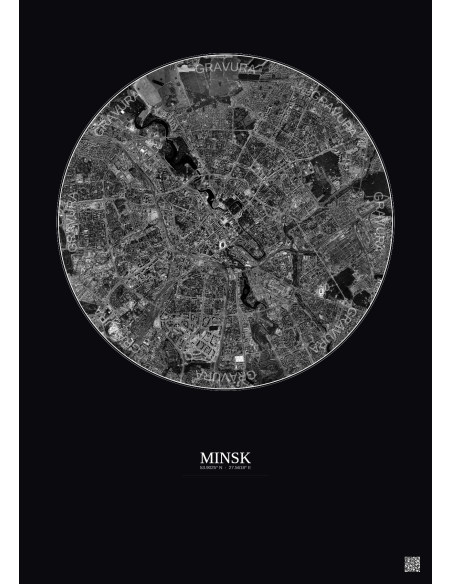 Affiche Minsk – Poster vue satellite 6km N&B | Gravura – Fond foncé