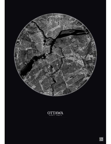 Affiche Ottawa – Poster vue satellite 10km N&B | Gravura – Fond foncé