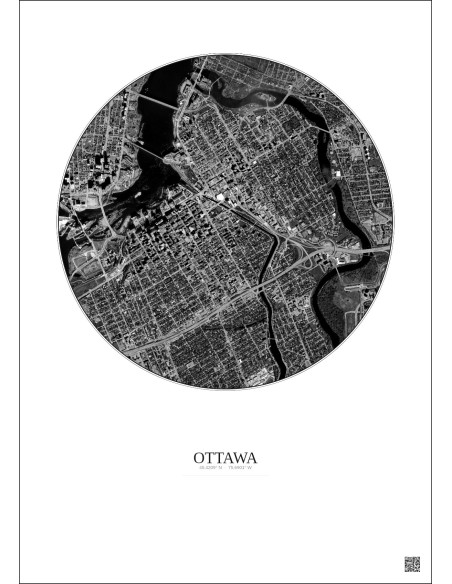 Affiche Ottawa – Poster vue satellite 2.5km N&B | Gravura – Fond clair
