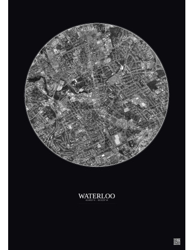 Affiche Waterloo – Poster vue satellite 2.5km N&B | Gravura – Fond foncé