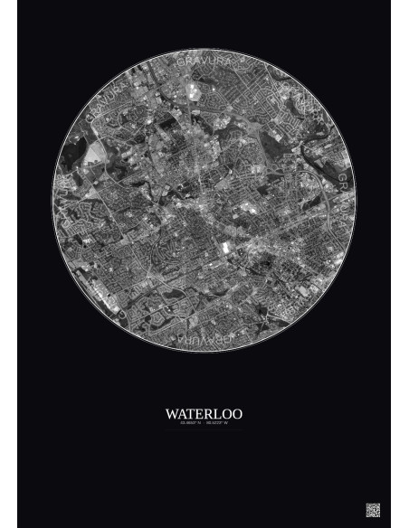 Affiche Waterloo – Poster vue satellite 5km N&B | Gravura – Fond foncé