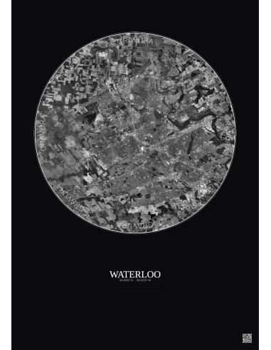 Affiche Waterloo – Poster vue satellite 10km N&B | Gravura – Fond foncé