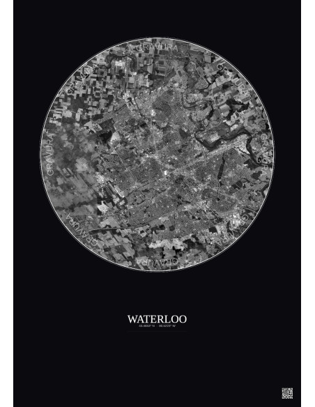 Affiche Waterloo – Poster vue satellite 10km N&B | Gravura – Fond foncé