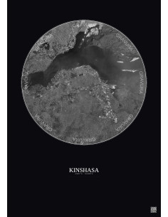 Affiche Kinshasa – Poster vue satellite 10km N&B | Gravura – Fond foncé
