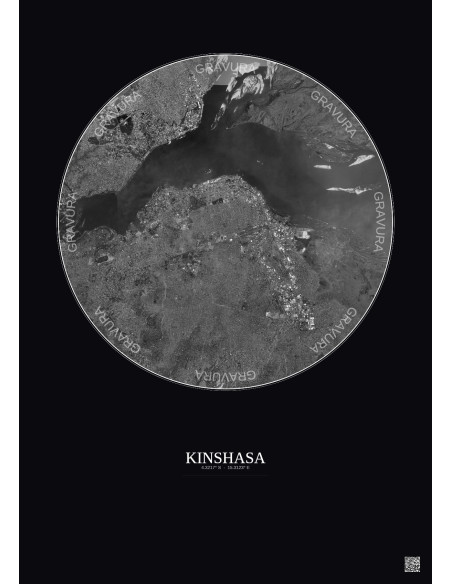Kinshasa Satellite View Poster 10km B&W | Gravura – Dark background