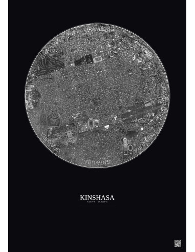 Affiche Kinshasa – Poster vue satellite 2.5km N&B | Gravura – Fond foncé