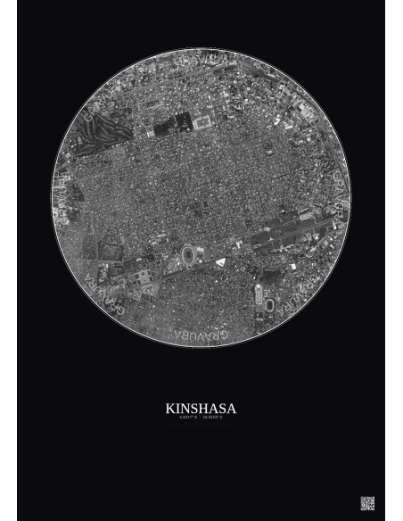 Affiche Kinshasa – Poster vue satellite 2.5km N&B | Gravura – Fond foncé