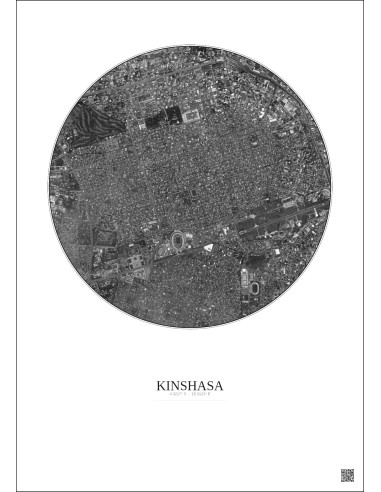 Affiche Kinshasa – Poster vue satellite 2.5km N&B | Gravura – Fond clair