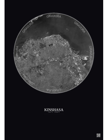 Affiche Kinshasa – Poster vue satellite 6km N&B | Gravura – Fond foncé