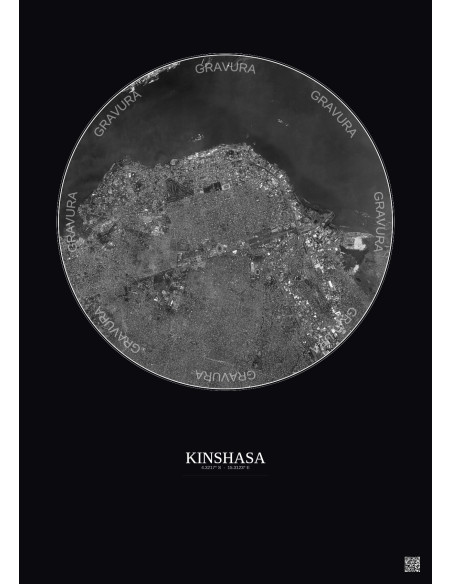 Affiche Kinshasa – Poster vue satellite 6km N&B | Gravura – Fond foncé