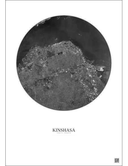 Affiche Kinshasa – Poster vue satellite 6km N&B | Gravura – Fond clair