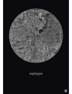 Affiche Santiago – Poster vue satellite 10km N&B | Gravura – Fond foncé